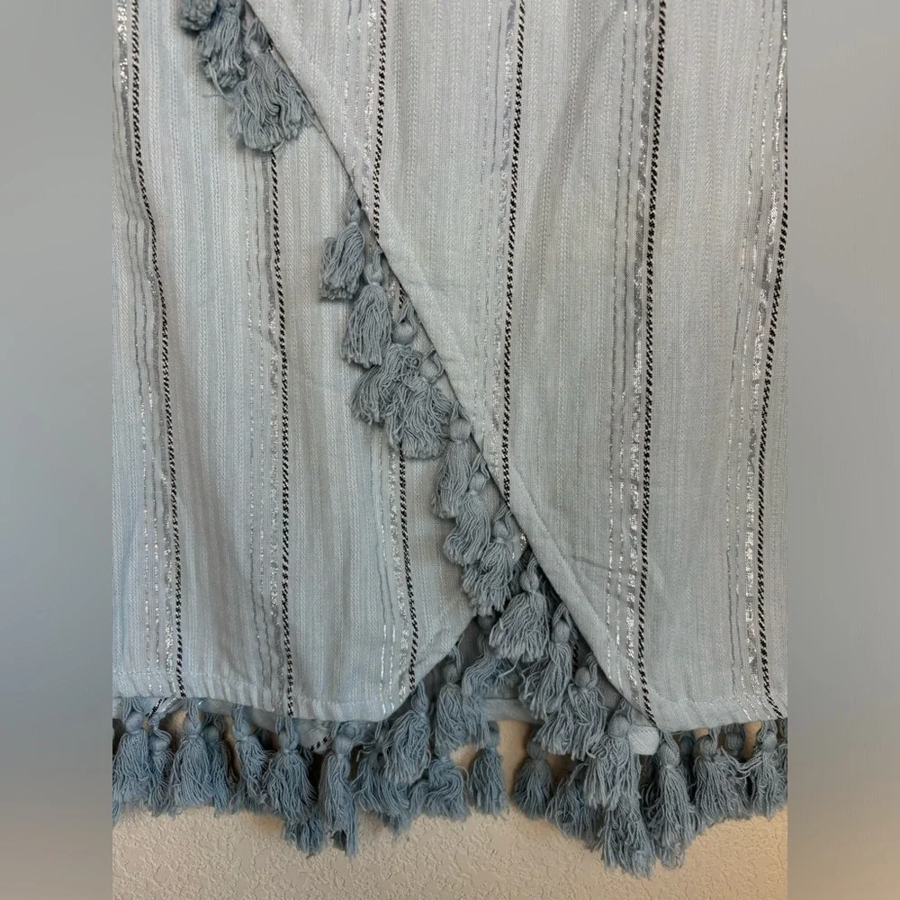 RAGA Anthropologie Baby Blue and Metallic Silver Skyla Tassel Wrap Look …